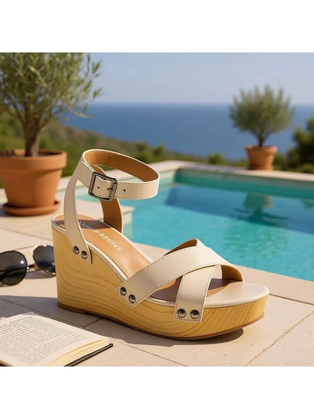Women Cream Bone Beige Cognac Ankle Strap Classic Wooden Wedge Sandals SZ 9.5 M